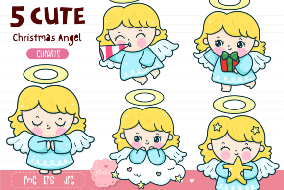 Christmas Angel Clipart Kawaii Cartoon Illustrations