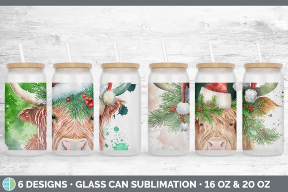 Christmas Highland Cow Glass Can Illustration