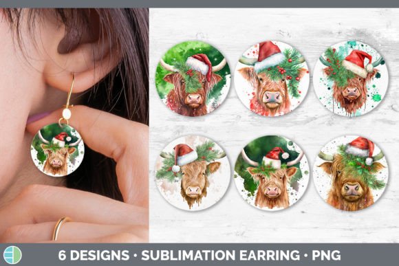 Christmas Highland Cow Round Earring SVG & PNG Illustration