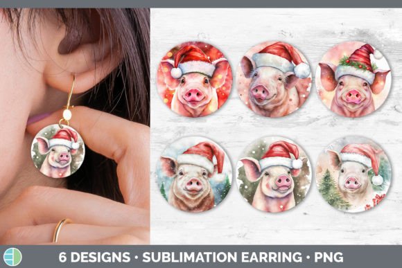 Christmas Pig Round Earring Sublimatio Illustrations