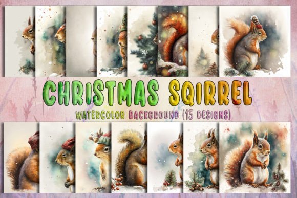 Christmas Squirrel Watercolor Background Illustrations