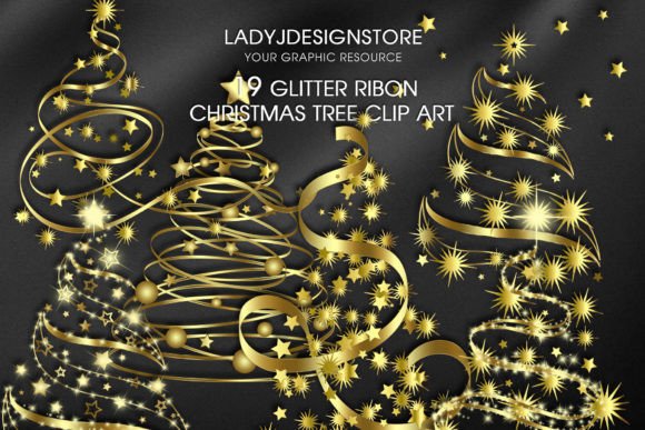 Gold Ribbon Sparkle Christmas Tree Illustration