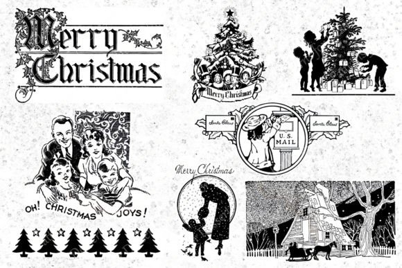 Vintage Black White Christmas Clipart for Editorial Use